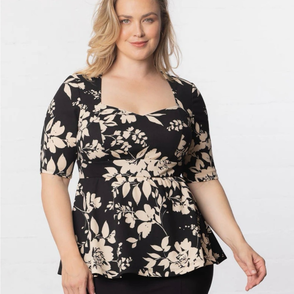 Kiyonna Elegant Black and Cream Floral Top